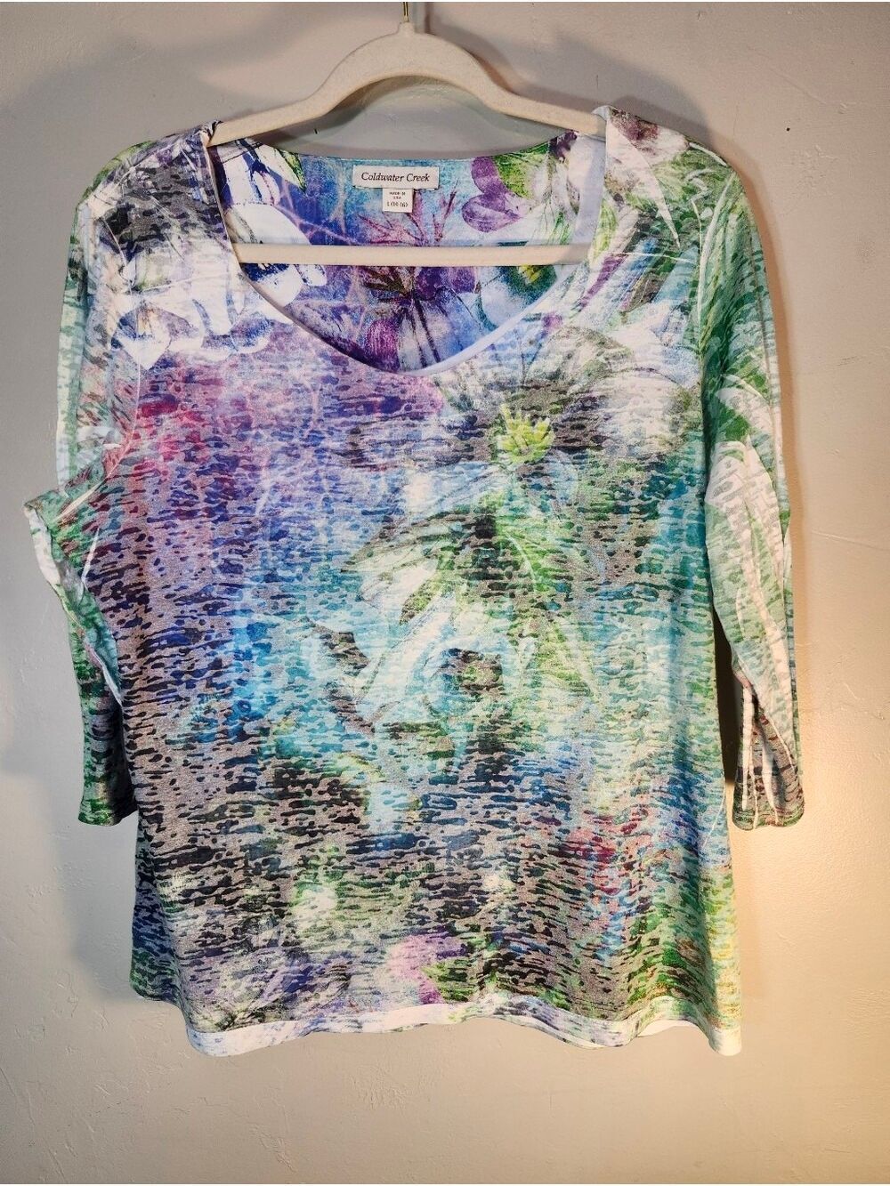Coldwater Creek Multicolor Floral Watercolor V-Neck 3/4 Sleeve Top
